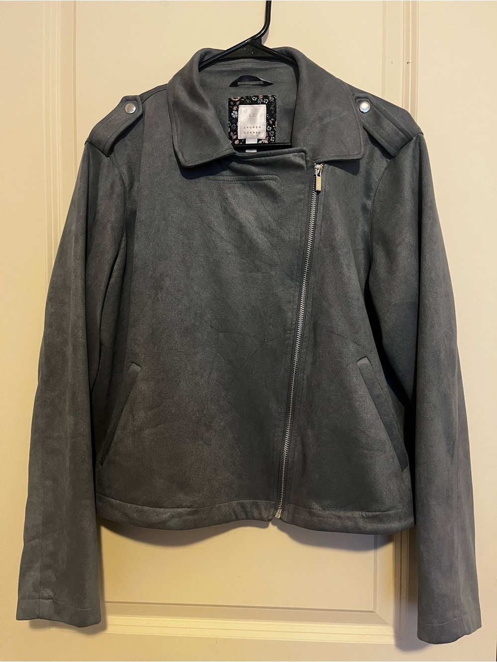 LC Lauren Conrad Charcoal Grey Asymmetrical Zip Leather Jacket